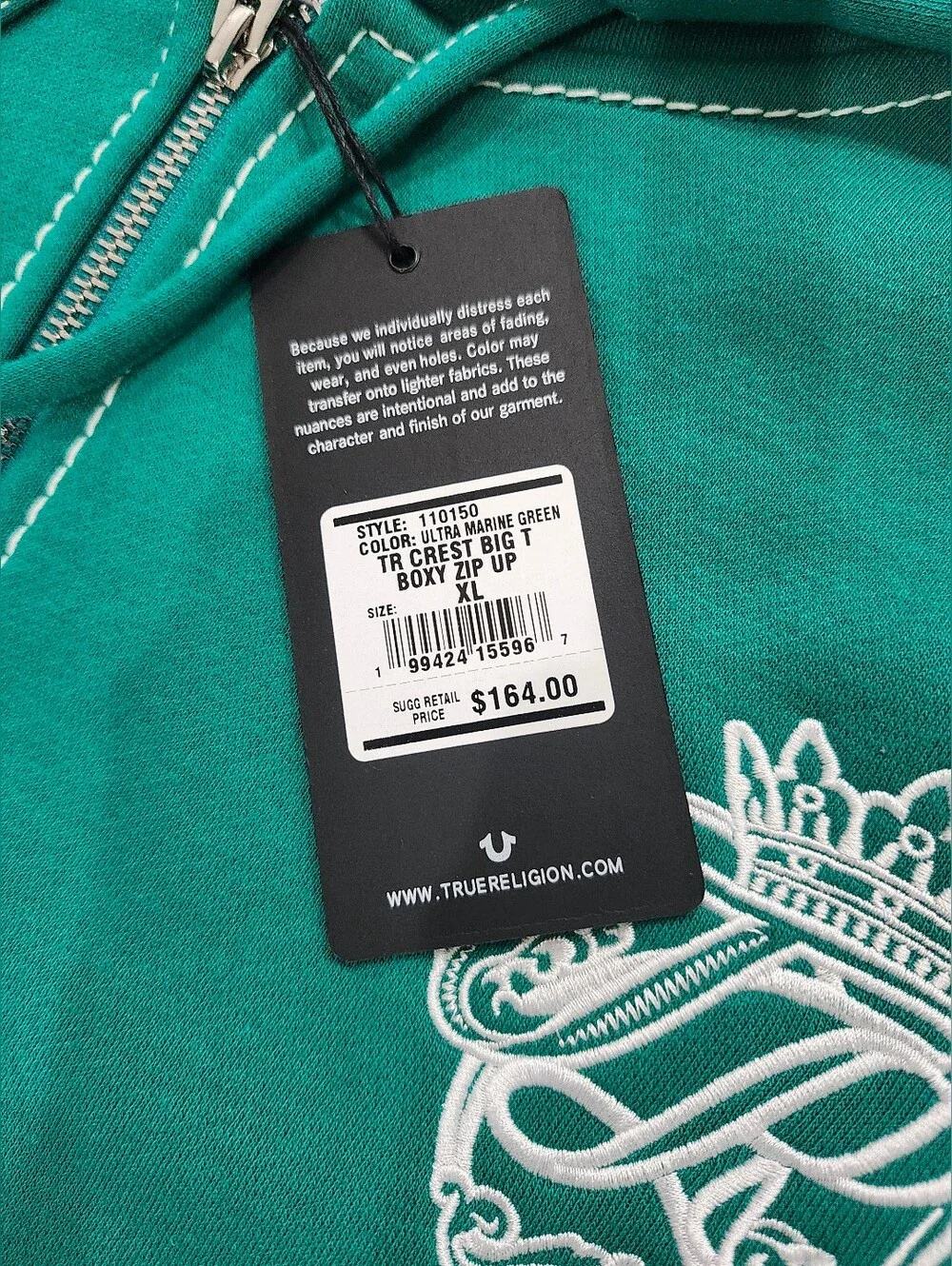 True Religion Logo Crest Big TR Boxy Zip-Up Hoodie Green Adult Size XL NWT